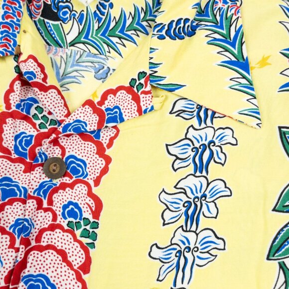 Kamehameha Hawaiian Shirt Lei Lady Mens XL Yellow Tropical Print Rayon USA Aloha - Picture 6 of 15